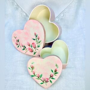 Handcrafted Pair of Jewelry Boxes Hand Painted Tole Style Pink Rosebuds and Vine